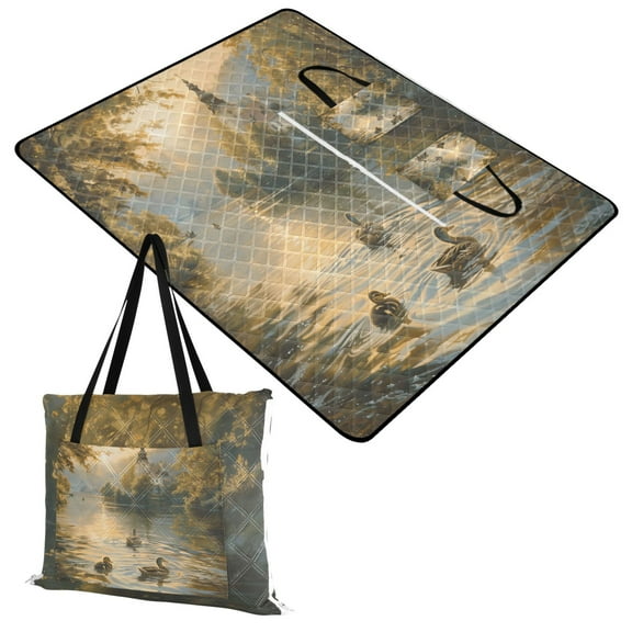Extra Large Picnic Beach Blanket Waterproof Sand Proof Portable Outdoor Mat Ducks Swimming in Lake at Sunrise 60x80