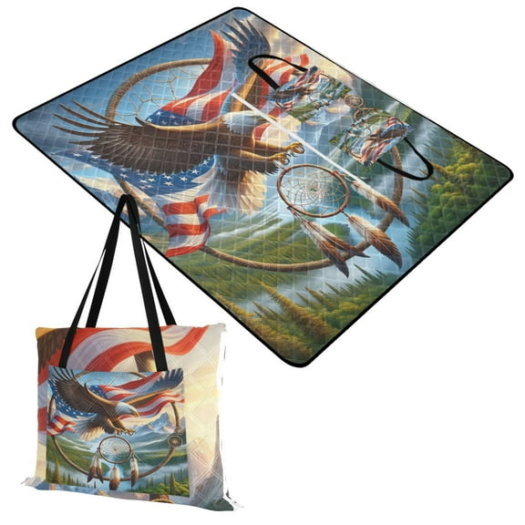 Extra Large Picnic Beach Blanket Waterproof Sand Proof Portable Outdoor Mat Eagle American Flag Mountains 60x80