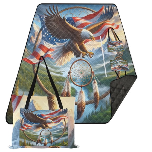 Extra Large Picnic Beach Blanket Waterproof Sand Proof Portable Outdoor Mat Eagle American Flag Mountains 80x118