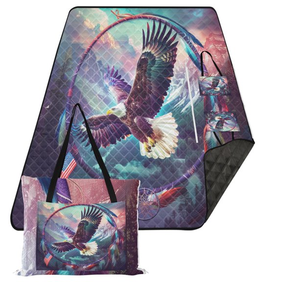 Extra Large Picnic Beach Blanket Waterproof Sand Proof Portable Outdoor Mat Eagle Mountains Tree Circle 80x118