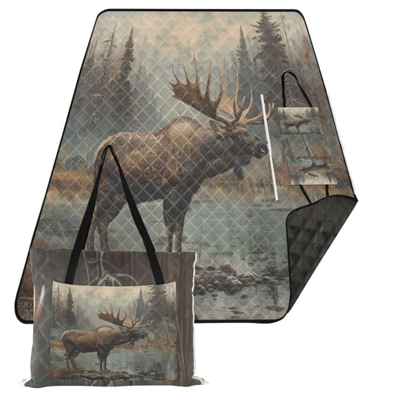 Extra Large Picnic Beach Blanket Waterproof Sand Proof Portable Outdoor Mat Elk at Water Edge in Forest 80x118