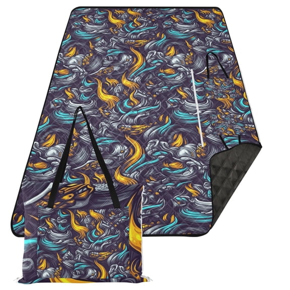 Extra Large Picnic Beach Blanket Waterproof Sand Proof Portable Outdoor Mat Fierce Fire and Smoke 80x118