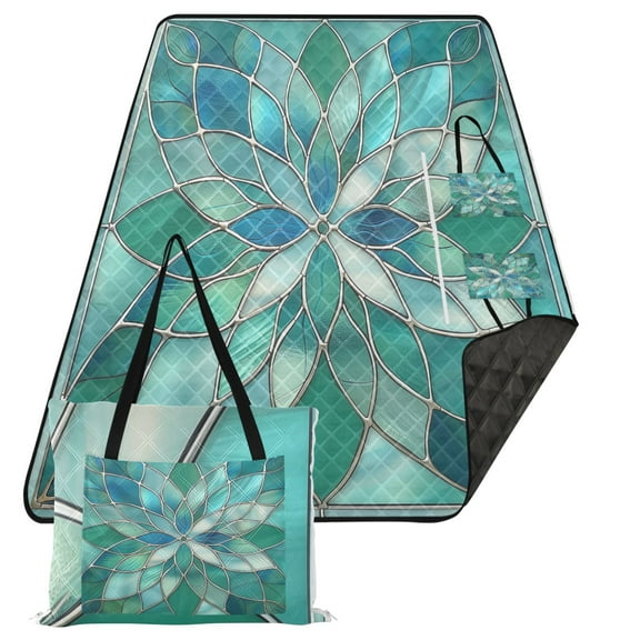 Extra Large Picnic Beach Blanket Waterproof Sand Proof Portable Outdoor Mat Floral Stained Glass 80x118