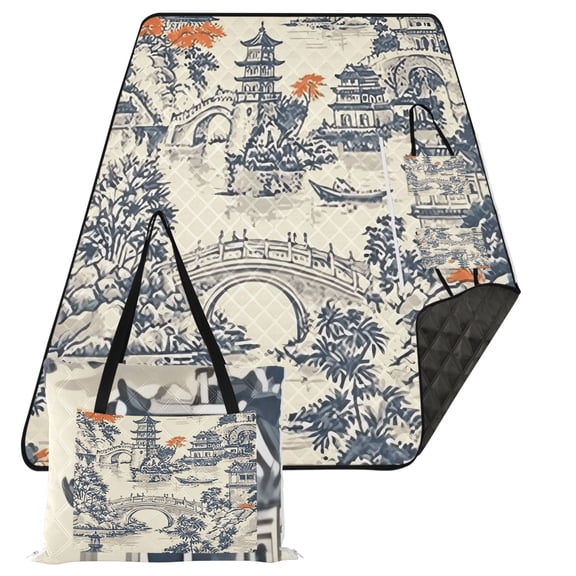Extra Large Picnic Beach Blanket Waterproof Sand Proof Portable Outdoor Mat Garden with Pagoda and Bridge 80x118