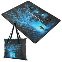 Extra Large Picnic Beach Blanket Waterproof Sand Proof Portable Outdoor Mat Glowing Blue Tree and Door 60x80