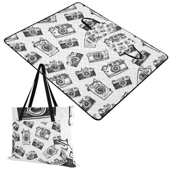 Extra Large Picnic Beach Blanket Waterproof Sand Proof Portable Outdoor Mat Hand Drawn Camera 60x80