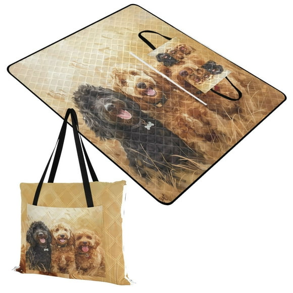 Extra Large Picnic Beach Blanket Waterproof Sand Proof Portable Outdoor Mat Happy Dogs in Wheat Field 60x80
