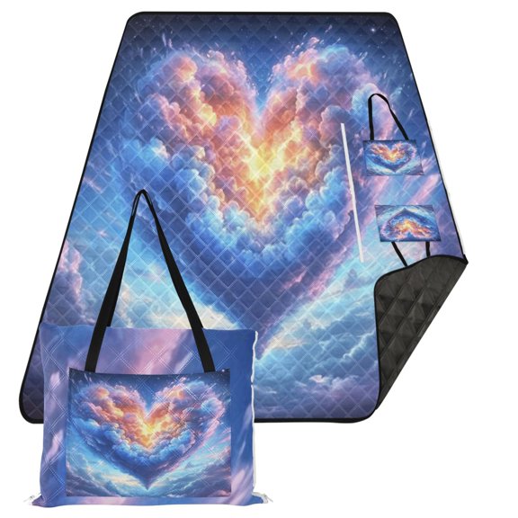 Extra Large Picnic Beach Blanket Waterproof Sand Proof Portable Outdoor Mat Heart Cloud in Sky 80x118