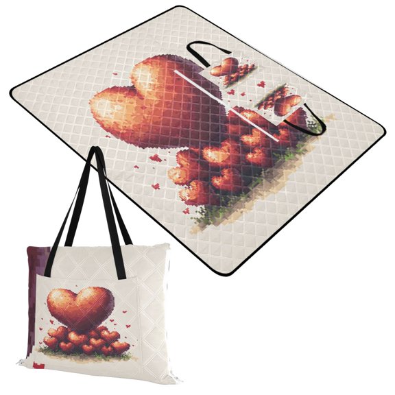 Extra Large Picnic Beach Blanket Waterproof Sand Proof Portable Outdoor Mat Heart-shaped Mounds Pixel Art 60x80