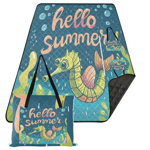 Extra Large Picnic Beach Blanket Waterproof Sand Proof Portable Outdoor Mat Hello Summer Seahorses 80x118
