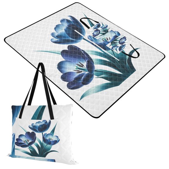 Extra Large Picnic Beach Blanket Waterproof Sand Proof Portable Outdoor Mat Ink Tulips with Leaf 60x80
