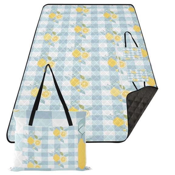 Extra Large Picnic Beach Blanket Waterproof Sand Proof Portable Outdoor Mat Lemons on Plaid 80x118