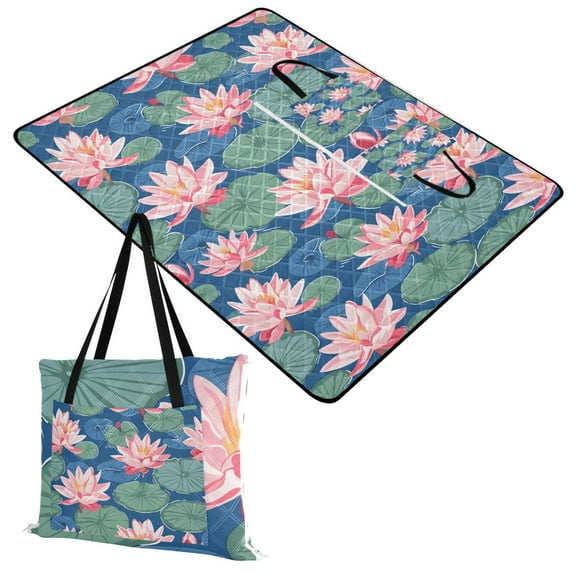 Extra Large Picnic Beach Blanket Waterproof Sand Proof Portable Outdoor Mat Lily Flower and Lotus Leaf 60x80
