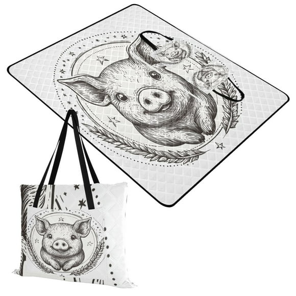 Extra Large Picnic Beach Blanket Waterproof Sand Proof Portable Outdoor Mat Lovely Pig with Wheat 60x80