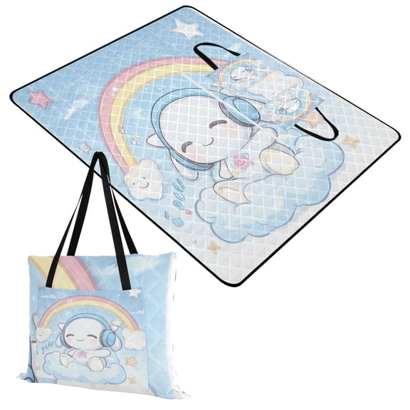 Extra Large Picnic Beach Blanket Waterproof Sand Proof Portable Outdoor Mat Lovely Rabbit Rainbow Clouds Stars 60x80