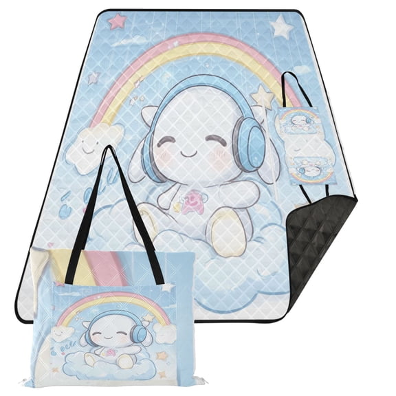 Extra Large Picnic Beach Blanket Waterproof Sand Proof Portable Outdoor Mat Lovely Rabbit Rainbow Clouds Stars 80x118