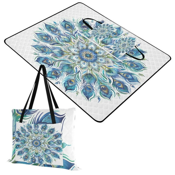 Extra Large Picnic Beach Blanket Waterproof Sand Proof Portable Outdoor Mat Mandala Peacock Feathers 60x80