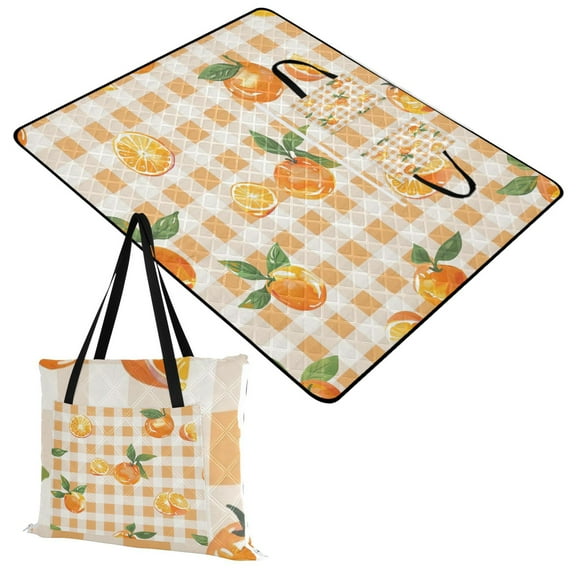 Extra Large Picnic Beach Blanket Waterproof Sand Proof Portable Outdoor Mat Orange on Gingham 60x80