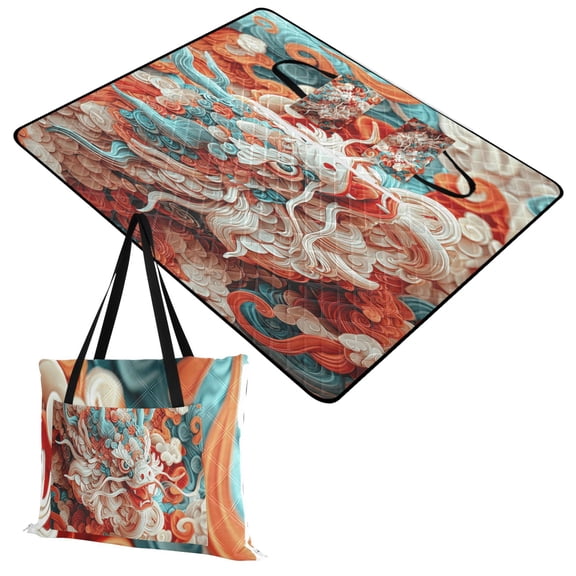 Extra Large Picnic Beach Blanket Waterproof Sand Proof Portable Outdoor Mat Paper-cut Majestic Dragon 60x80