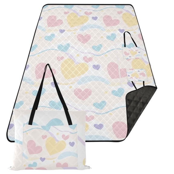 Extra Large Picnic Beach Blanket Waterproof Sand Proof Portable Outdoor Mat Pastel Cute Hearts and Ribbons 80x118