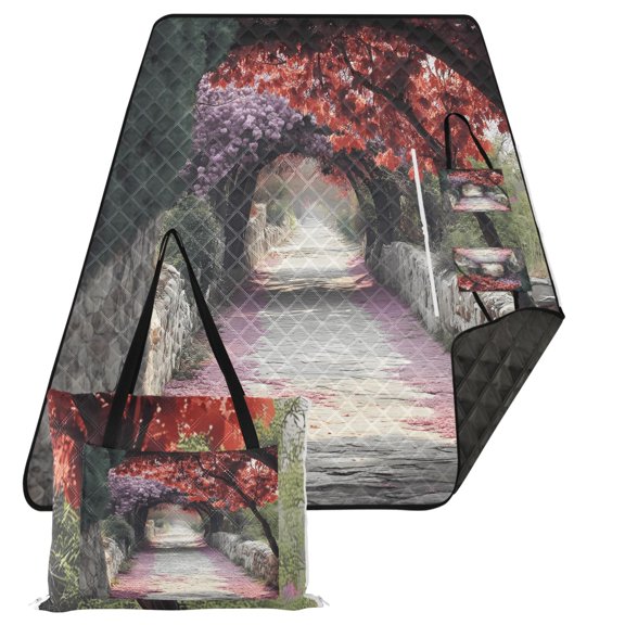 Extra Large Picnic Beach Blanket Waterproof Sand Proof Portable Outdoor Mat Path with Trees and Flowers 80x118