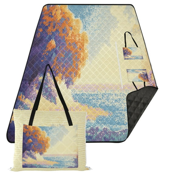 Extra Large Picnic Beach Blanket Waterproof Sand Proof Portable Outdoor Mat Pixel Sea Cloud Tree 80x118