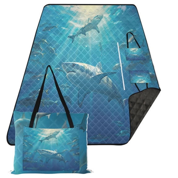 Extra Large Picnic Beach Blanket Waterproof Sand Proof Portable Outdoor Mat Shark Fish Swimming 80x118
