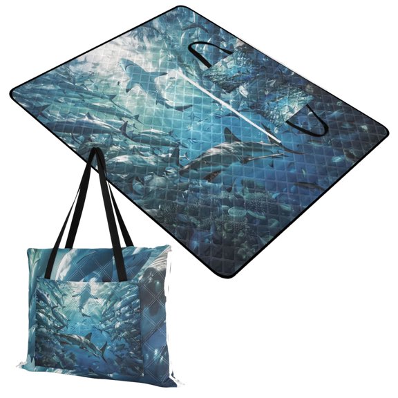 Extra Large Picnic Beach Blanket Waterproof Sand Proof Portable Outdoor Mat Shark Swimming in Fish Schools 60x80