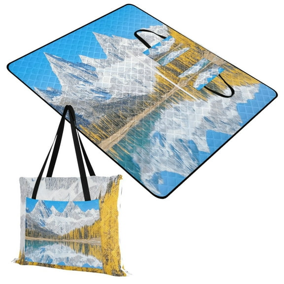 Extra Large Picnic Beach Blanket Waterproof Sand Proof Portable Outdoor Mat Snow-capped Mountains Reflecting in Lake 60x80
