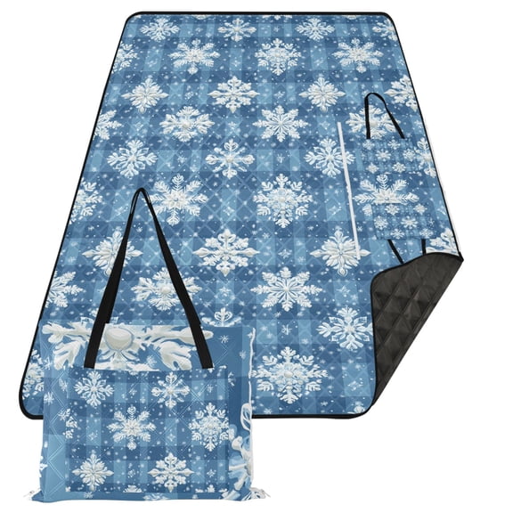 Extra Large Picnic Beach Blanket Waterproof Sand Proof Portable Outdoor Mat Snowflakes on Checkerboard 80x118