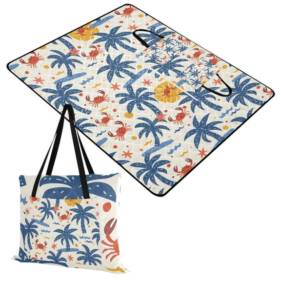 Extra Large Picnic Beach Blanket Waterproof Sand Proof Portable Outdoor Mat Summer Palm Trees and Crabs 60x80
