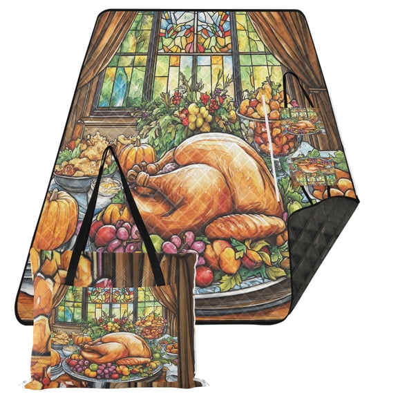 Extra Large Picnic Beach Blanket Waterproof Sand Proof Portable Outdoor Mat Thanksgiving Food on Table 80x118