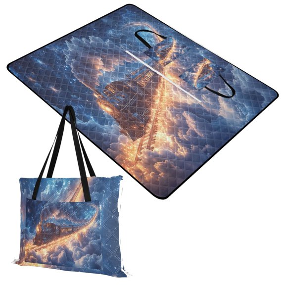 Extra Large Picnic Beach Blanket Waterproof Sand Proof Portable Outdoor Mat Trains Flying Through The Clouds 60x80