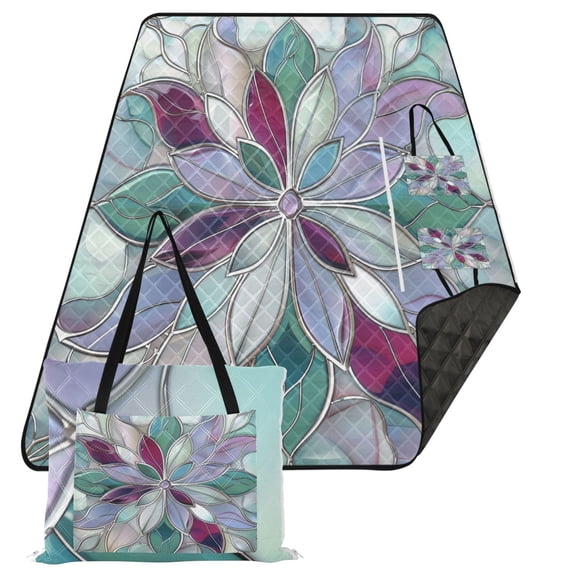 Extra Large Picnic Beach Blanket Waterproof Sand Proof Portable Outdoor Mat Violet Red Floral Stained Glass 80x118