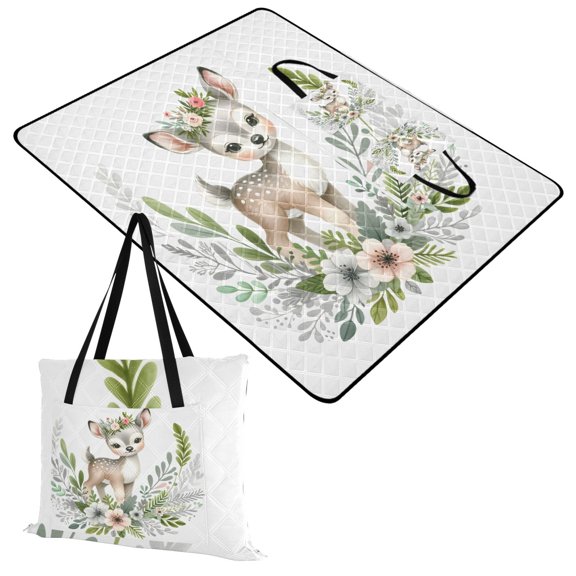 Extra Large Picnic Beach Blanket Waterproof Sand Proof Portable Outdoor Mat Watercolor Deer with Bouquet 60x80