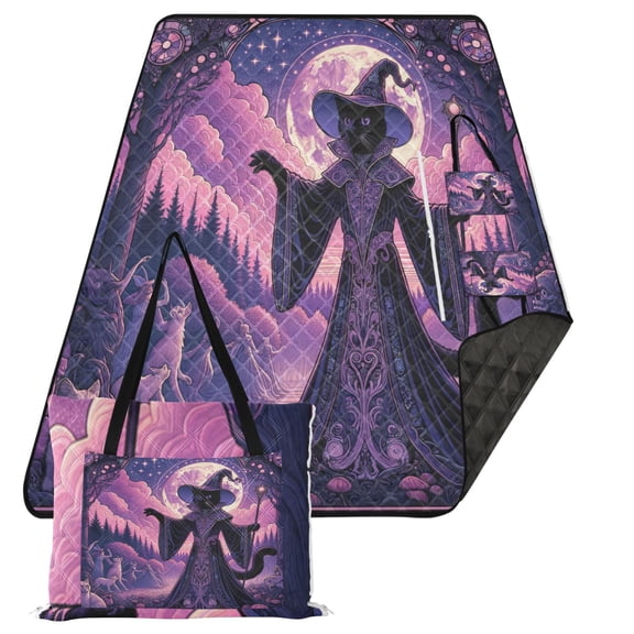 Extra Large Picnic Beach Blanket Waterproof Sand Proof Portable Outdoor Mat Wizard Cat with Moon 80x118