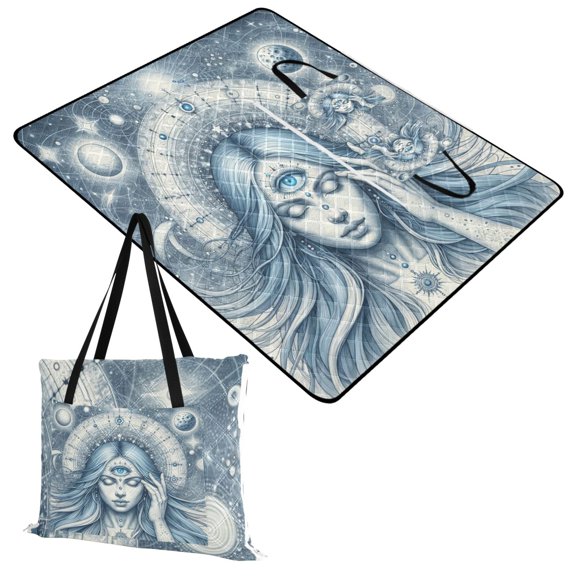 Extra Large Picnic Beach Blanket Waterproof Sand Proof Portable Outdoor Mat Woman with Third Eye and Planet 60x80