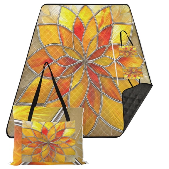 Extra Large Picnic Beach Blanket Waterproof Sand Proof Portable Outdoor Mat Yellow Red Floral Stained Glass 80x118