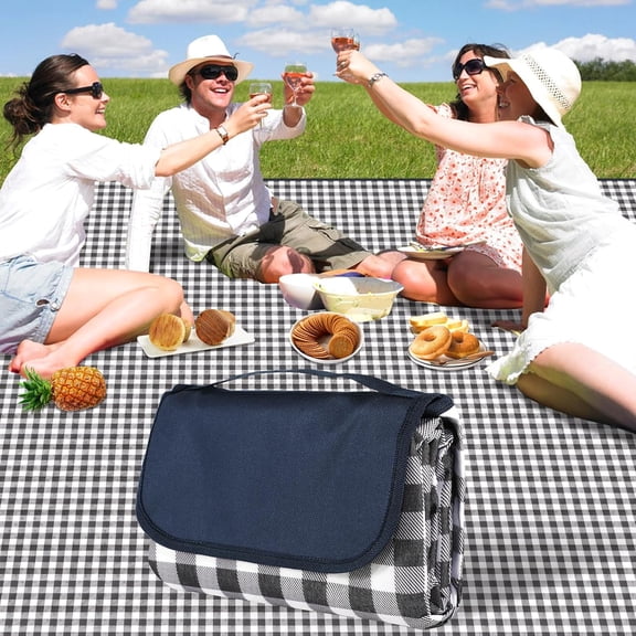 Extra Large Picnic Blanket 78x78 in Waterproof Sandproof Camping Blanket with Handle Blue Grid
