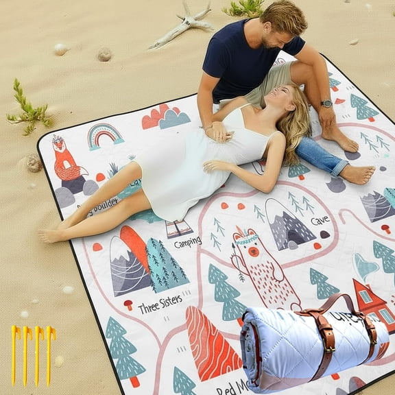 Extra Large Picnic Outdoor Blanket, 80''x80'' Waterproof Foldable Blankets Gingham Picnic Mat for Beach,Nordic Forest Cartoon Hand Drawn Camping Series