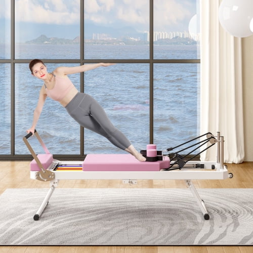 Extra Large Pilate Reformer Machine for Home Gym, 330.5lbs Capacity - All-in-One Fitness Equipment with Resistance Cords & Rebounder for Strength, Posture, Stress Relief - Professional Grade, Pink