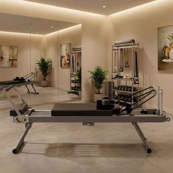 Extra Large Pilates Reformer - Multi-functional Home Fitness Equipment, 395lbs Capacity, with Dynamic Resistance Cords and Aerobic Rebounder, Improves Posture, Builds Strength, Reduces Stress, black