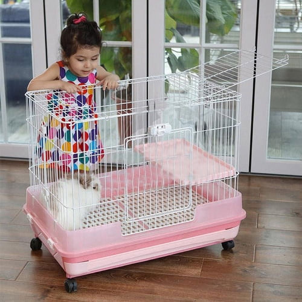 Extra Large Pink 2-Level Indoor Small Animal Pet Cage for Guinea Pig Ferret Chinchilla Cat Playpen Rabbit Hutch with Solid Platform & Ramp Leakproof Litter Tray 2 Large Access Doors Lockable Casters