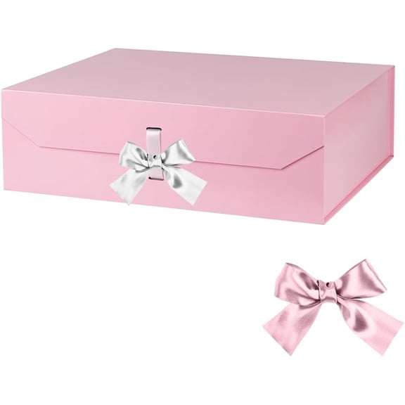 Extra Large Pink Gift Box with Ribbon 16x14x5.3 Inches Gift Boxes with Lid Magnetic Closure, Groomsman Proposal Box, Rectangle Collapsible Boxes for Large Gifts (Glossy Pink)