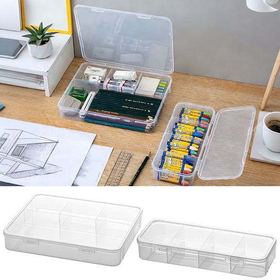 Extra Large Plastic Pencil Box Organizer Stackable Translucent Clear Storage Container for Office Supplies, Pens, Erasers, Tape Snap Lid, Locking Handles, Space-Saving, 25cm