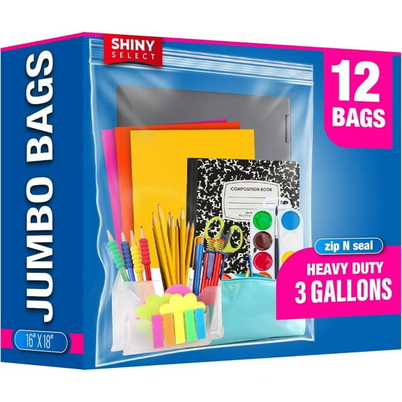 Extra Large Plastic Storage Bags With Zipper Top 3 Gallon 16" x 18" Jumbo Size Bag Heavy Duty 3 Mil Thick Clear X-Large Big Zip Bags for Food Freezer Clothes Travel Moving (12)