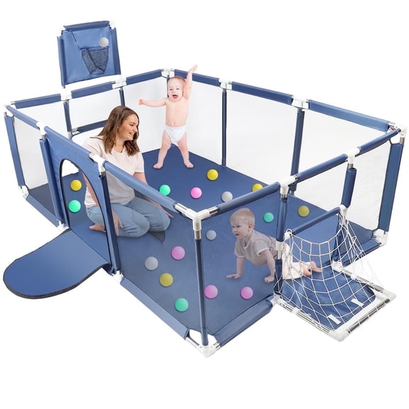 Extra Large Baby Playpen 71” x 48” with Basketball Hoop & Soccer Goal,  Safe No-Gap Baby Play Yard with Mesh,  Sturdy Steel Frame, Zipper Door , Indoor Toddler Activity Center