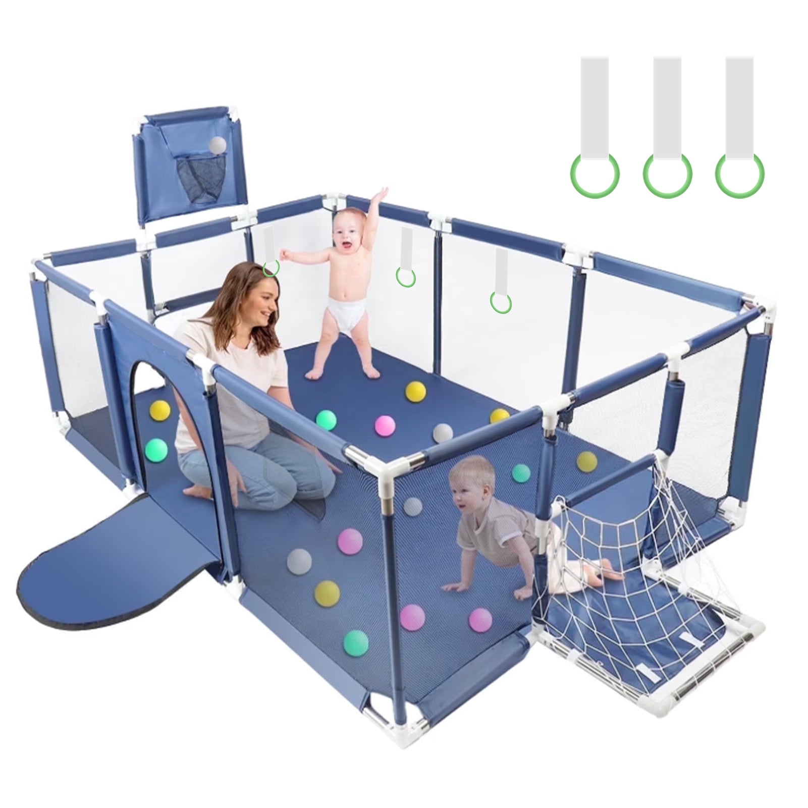 71” x 48” Extra Large Baby Playpen with Basketball Hoop & Soccer Net, No-gap safety Play Yard for Babies & Toddlers, Sturdy Mesh Fence Ball Pit Area (No Balls)