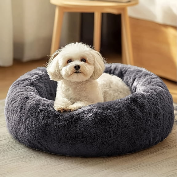 Extra Large Plush Round Donut Pet Bed, Warm Long Velvet for Dogs & Cats, Non-Slip Base, Calming Sleeping Bed, Available in Medium & Large Sizes