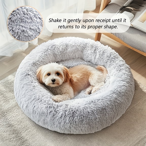 Extra Large Plush Round Donut Pet Bed, Warm Long Velvet for Dogs & Cats, Non-Slip Base, Calming Sleeping Bed, Available in Medium & Large Sizes